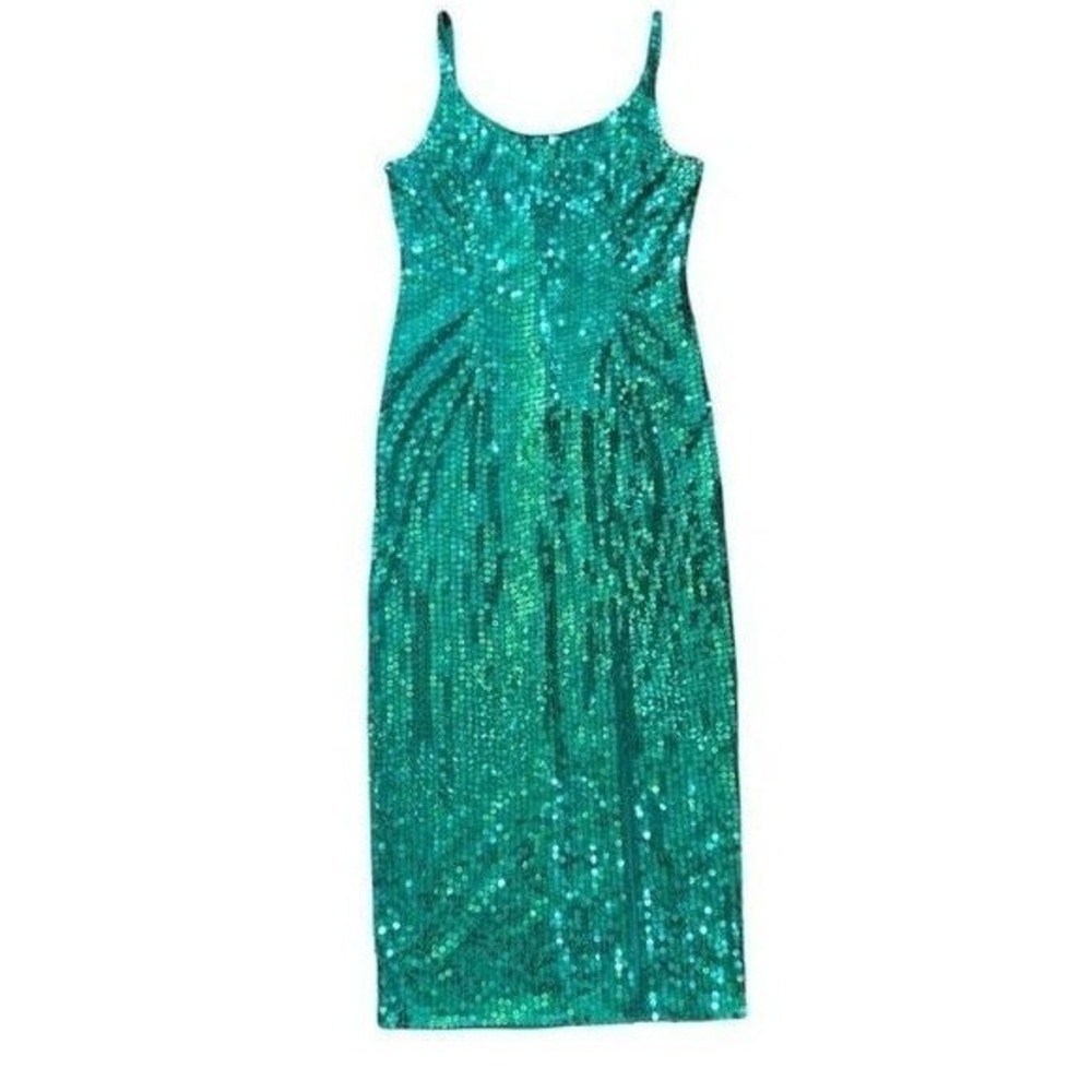 Vintage 90s Green Sequin Gown Low Back Front Slit S M Maxi Prom Dress Meraidcore